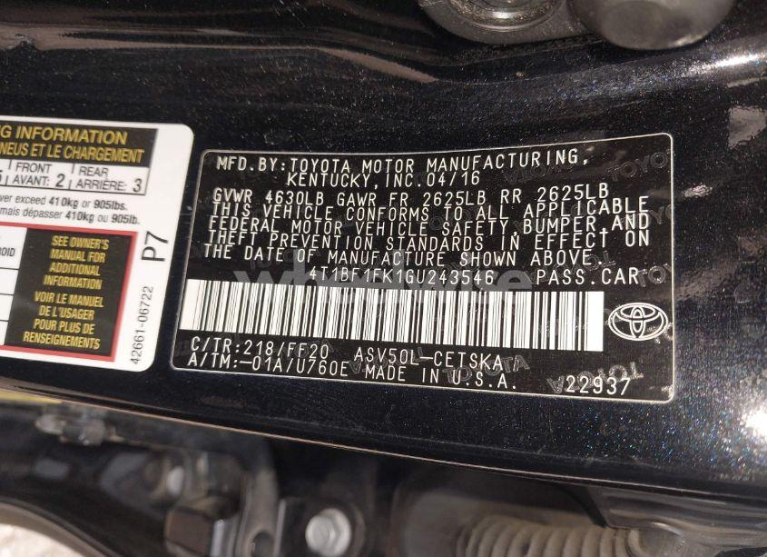 Photo 9 of 2016 Toyota Camry SE (VIN 4T1BF1FK1GU243546)