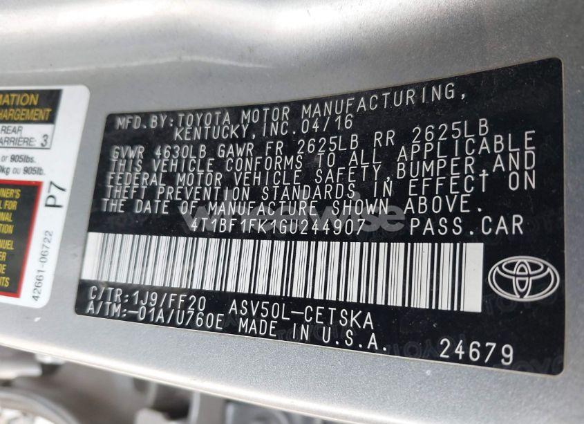 Photo 9 of 2016 Toyota Camry SE (VIN 4T1BF1FK1GU244907)