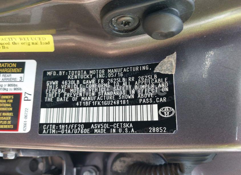 Photo 9 of 2016 Toyota Camry SE (VIN 4T1BF1FK1GU248181)