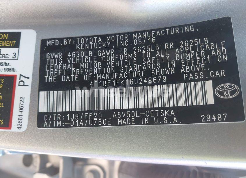 Photo 9 of 2016 Toyota Camry SE (VIN 4T1BF1FK1GU248679)