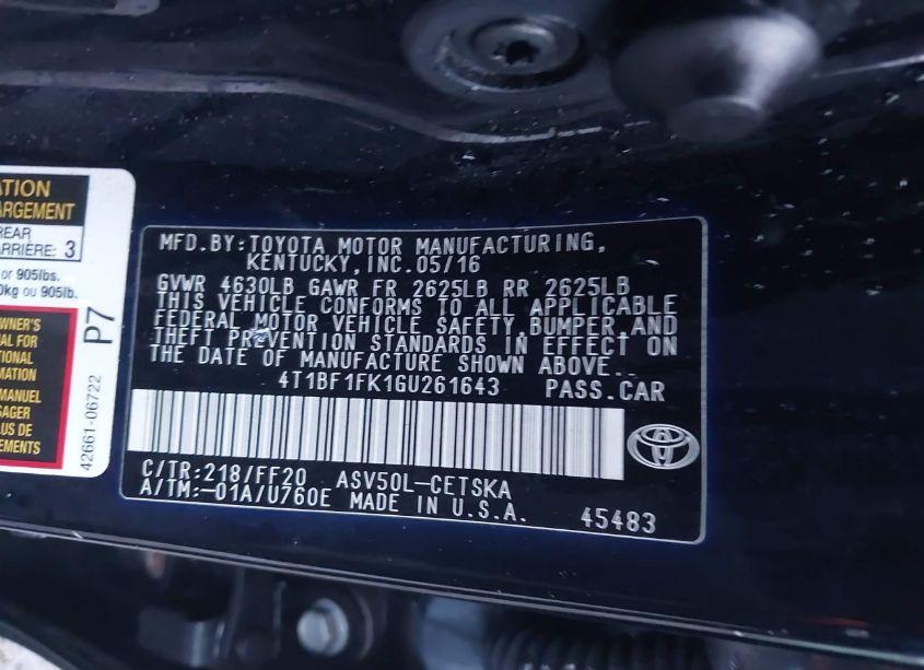 Photo 9 of 2016 Toyota Camry SE (VIN 4T1BF1FK1GU261643)