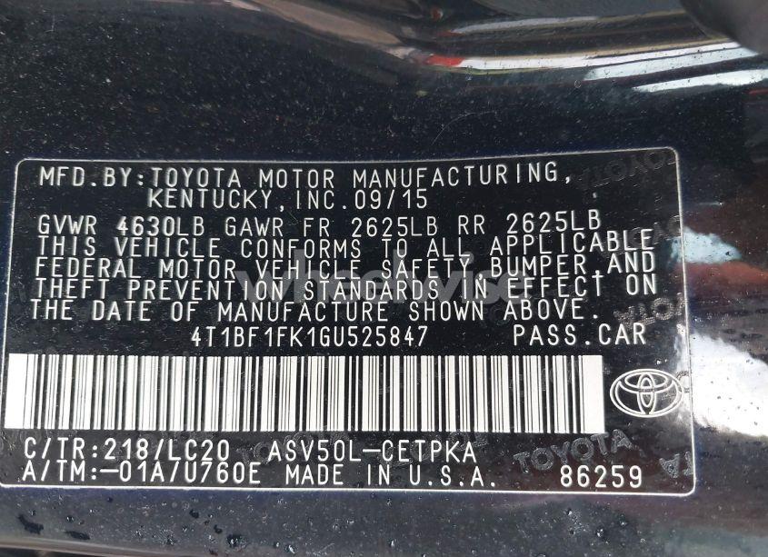 Photo 9 of 2016 Toyota Camry LE/XLE/SE/XSE (VIN 4T1BF1FK1GU525847)