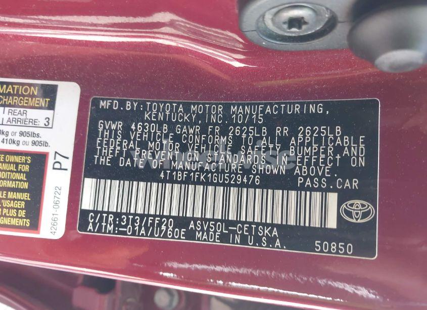 Photo 9 of 2016 Toyota Camry SE (VIN 4T1BF1FK1GU529476)