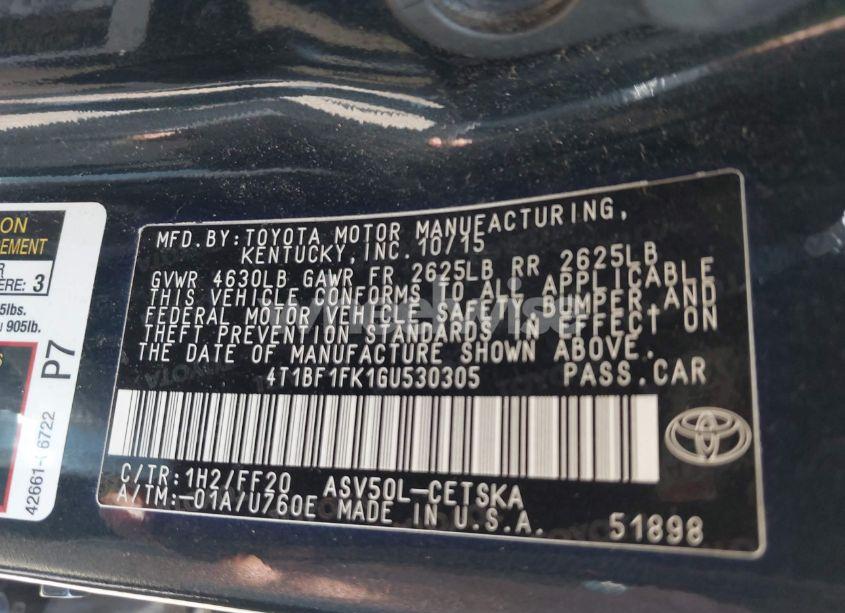 Photo 9 of 2016 Toyota Camry SE (VIN 4T1BF1FK1GU530305)