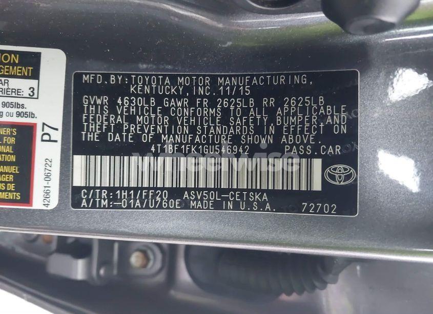 Photo 9 of 2016 Toyota Camry SE (VIN 4T1BF1FK1GU546942)