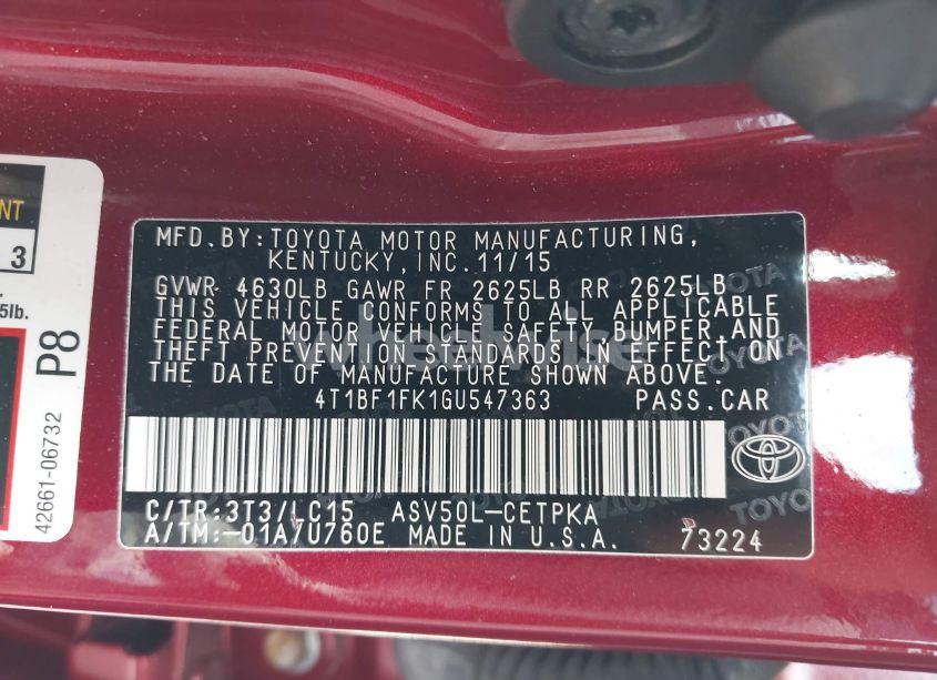 Photo 9 of 2016 Toyota Camry XSE (VIN 4T1BF1FK1GU547363)