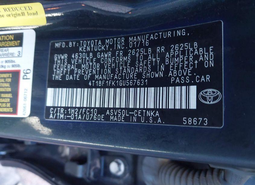 Photo 9 of 2016 Toyota Camry LE (VIN 4T1BF1FK1GU567631)