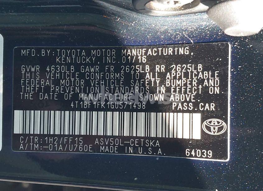 Photo 9 of 2016 Toyota Camry SE (VIN 4T1BF1FK1GU571498)