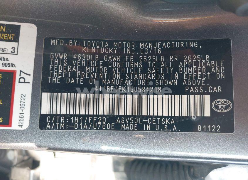 Photo 9 of 2016 Toyota Camry LE/SE/XLE/XSE (VIN 4T1BF1FK1GU584218)