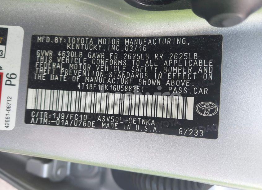 Photo 9 of 2016 Toyota Camry LE (VIN 4T1BF1FK1GU588351)