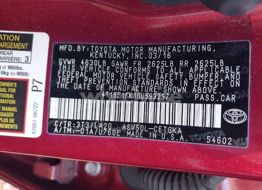 Photo 9 of 2016 Toyota Camry XLE (VIN 4T1BF1FK1GU593257)