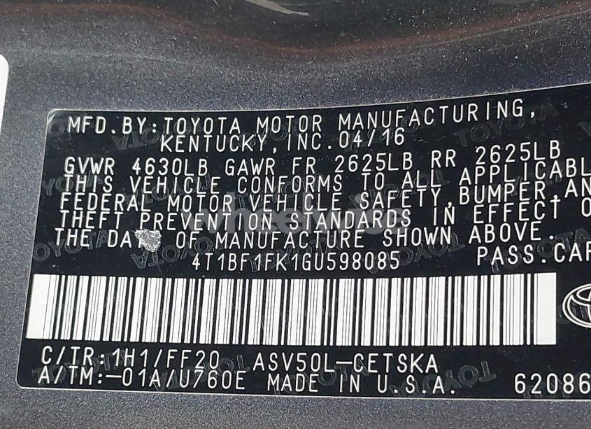 Photo 9 of 2016 Toyota Camry SE (VIN 4T1BF1FK1GU598085)