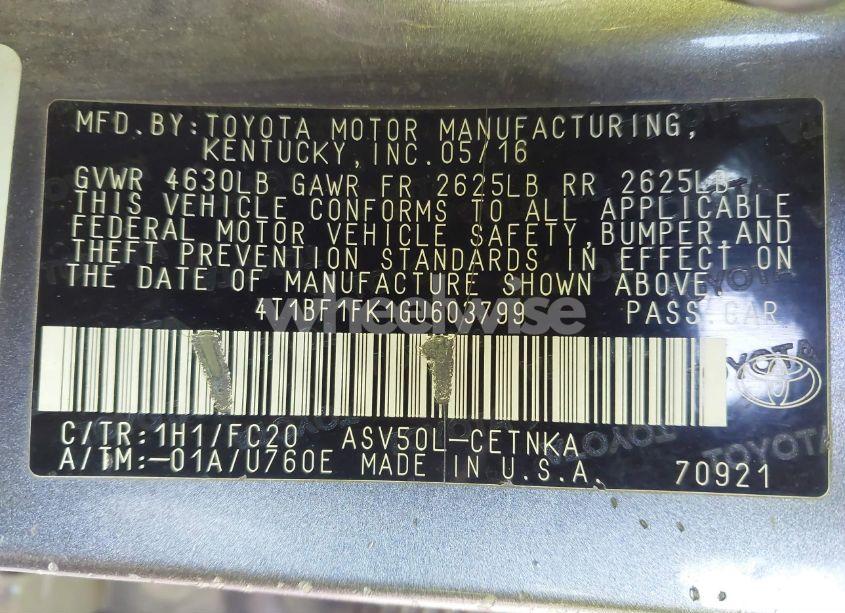 Photo 9 of 2016 Toyota Camry LE (VIN 4T1BF1FK1GU603799)