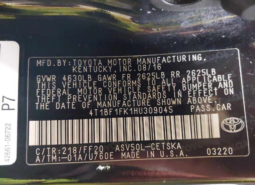 Photo 9 of 2017 Toyota Camry SE (VIN 4T1BF1FK1HU309045)