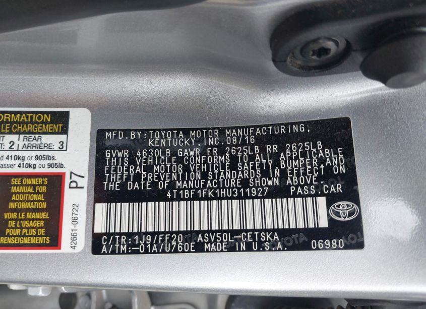 Photo 9 of 2017 Toyota Camry SE (VIN 4T1BF1FK1HU311927)