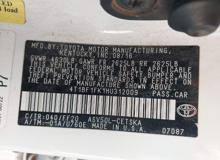 Photo 9 of 2017 Toyota Camry SE (VIN 4T1BF1FK1HU312009)