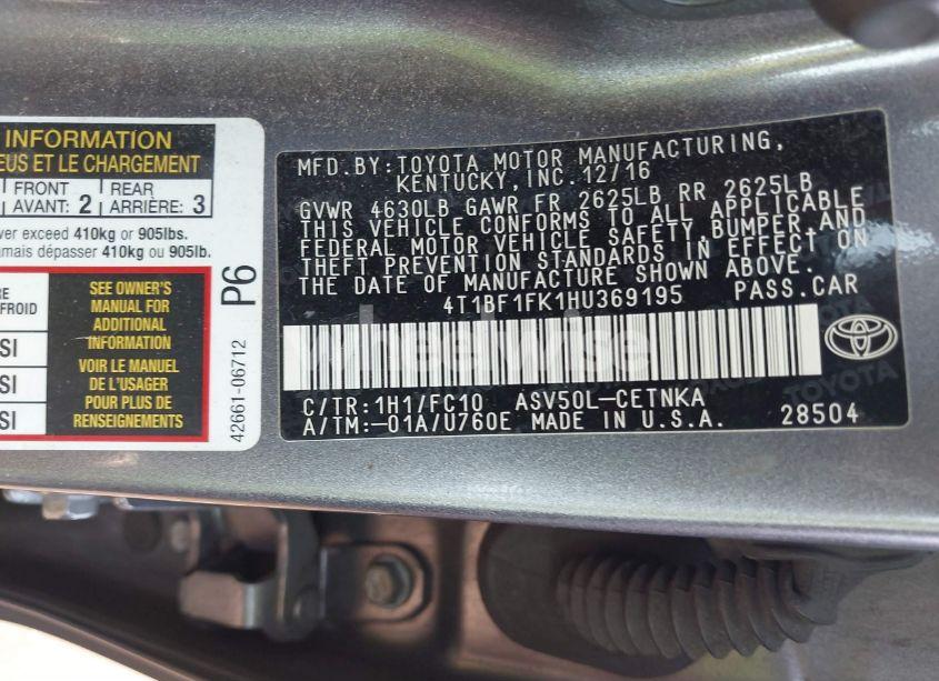 Photo 9 of 2017 Toyota Camry LE/SE/XLE/XSE (VIN 4T1BF1FK1HU369195)