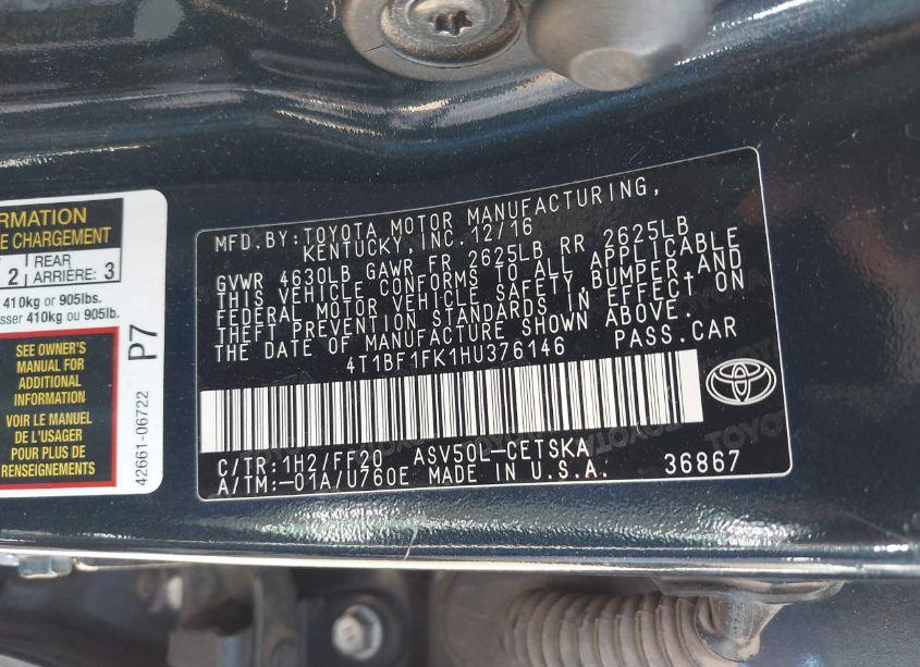 Photo 9 of 2017 Toyota Camry SE (VIN 4T1BF1FK1HU376146)