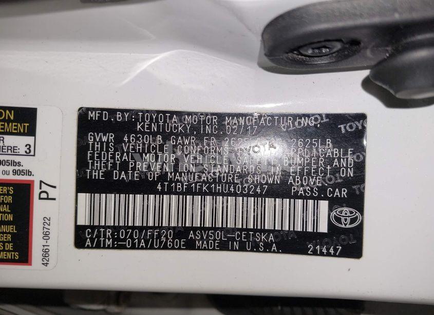 Photo 9 of 2017 Toyota Camry SE (VIN 4T1BF1FK1HU403247)