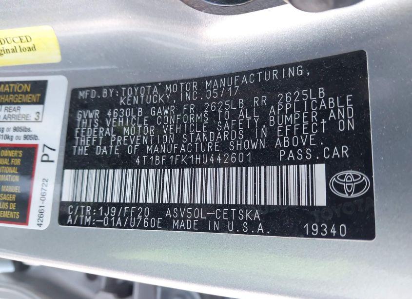 Photo 9 of 2017 Toyota Camry SE (VIN 4T1BF1FK1HU442601)