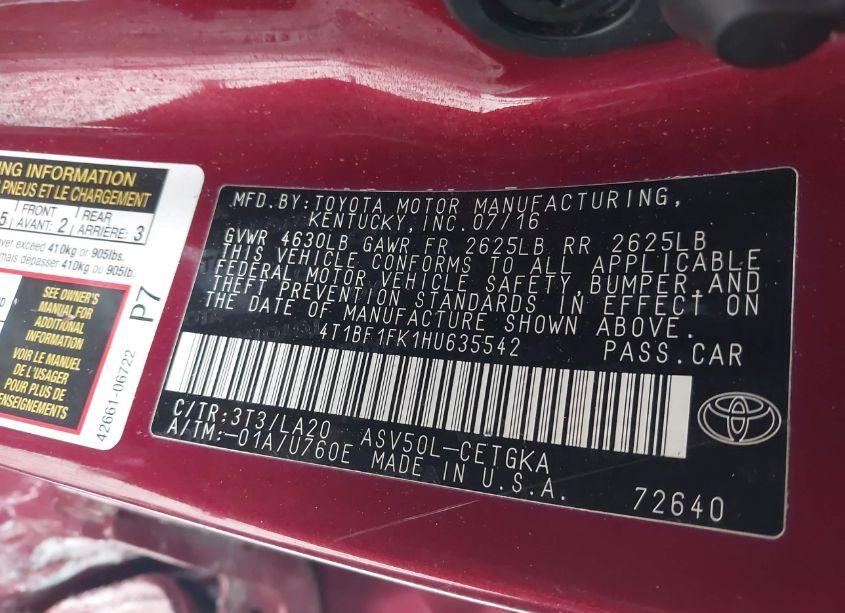 Photo 9 of 2017 Toyota Camry XLE (VIN 4T1BF1FK1HU635542)