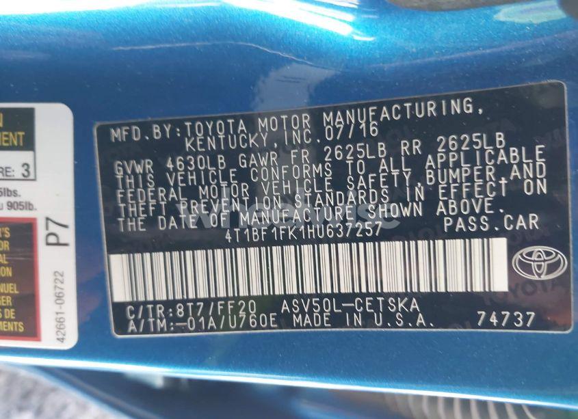 Photo 9 of 2017 Toyota Camry SE (VIN 4T1BF1FK1HU637257)