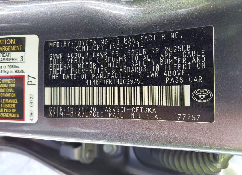 Photo 9 of 2017 Toyota Camry SE (VIN 4T1BF1FK1HU639753)