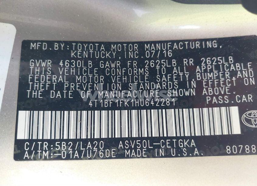 Photo 9 of 2017 Toyota Camry XLE (VIN 4T1BF1FK1HU642281)