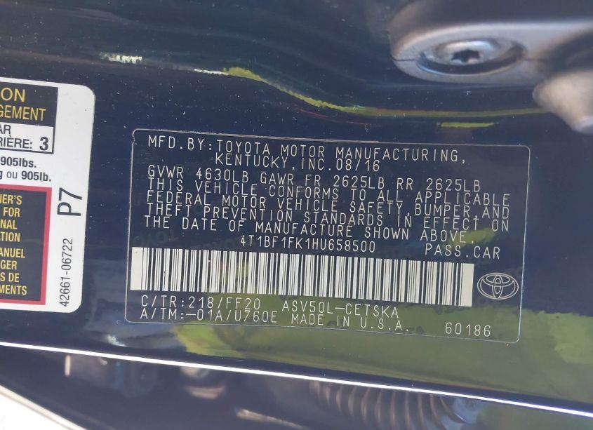 Photo 9 of 2017 Toyota Camry SE (VIN 4T1BF1FK1HU658500)