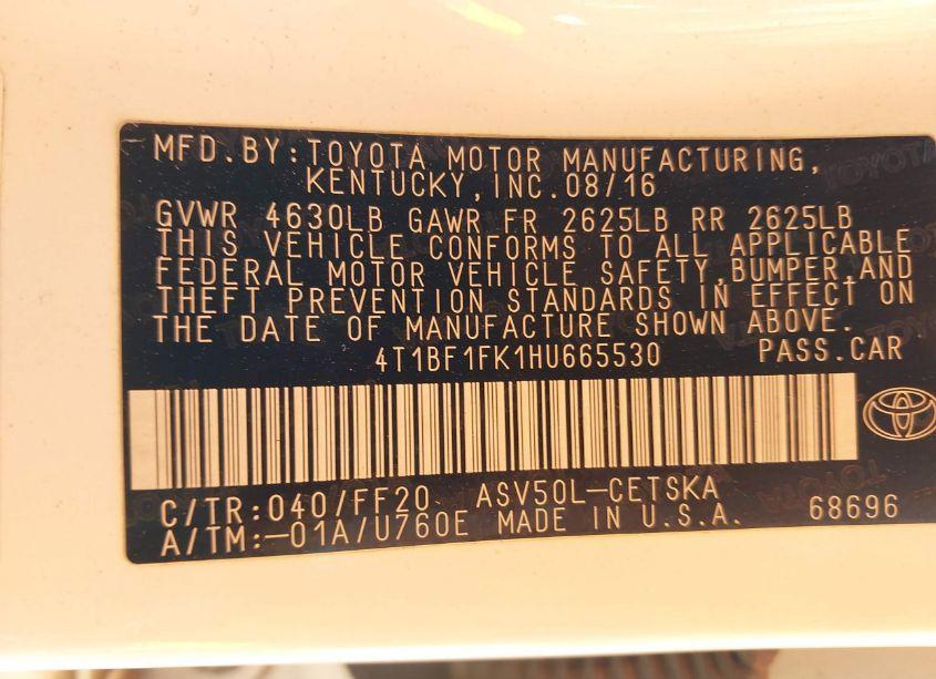 Photo 9 of 2017 Toyota Camry SE (VIN 4T1BF1FK1HU665530)