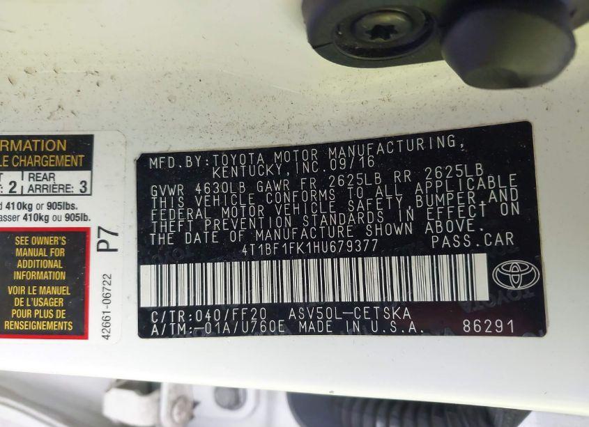 Photo 9 of 2017 Toyota Camry SE (VIN 4T1BF1FK1HU679377)