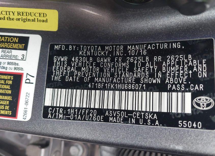 Photo 9 of 2017 Toyota Camry SE (VIN 4T1BF1FK1HU686071)