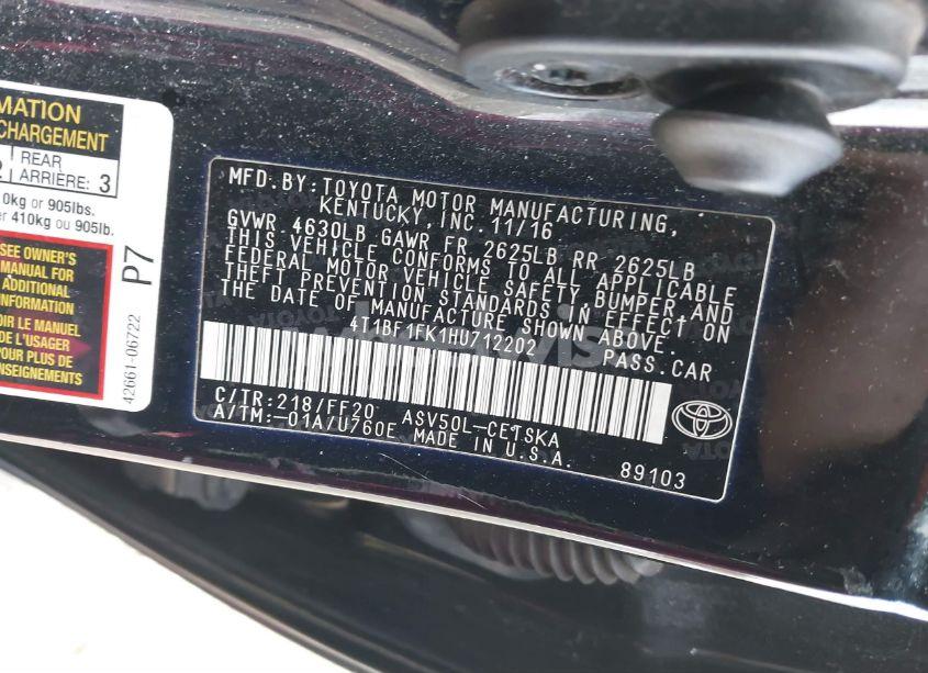 Photo 9 of 2017 Toyota Camry SE (VIN 4T1BF1FK1HU712202)