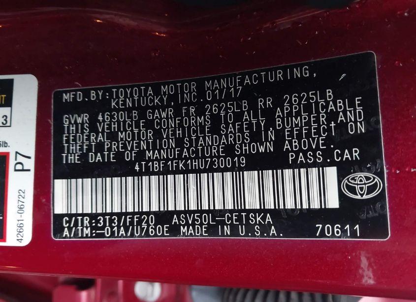 Photo 9 of 2017 Toyota Camry SE (VIN 4T1BF1FK1HU730019)