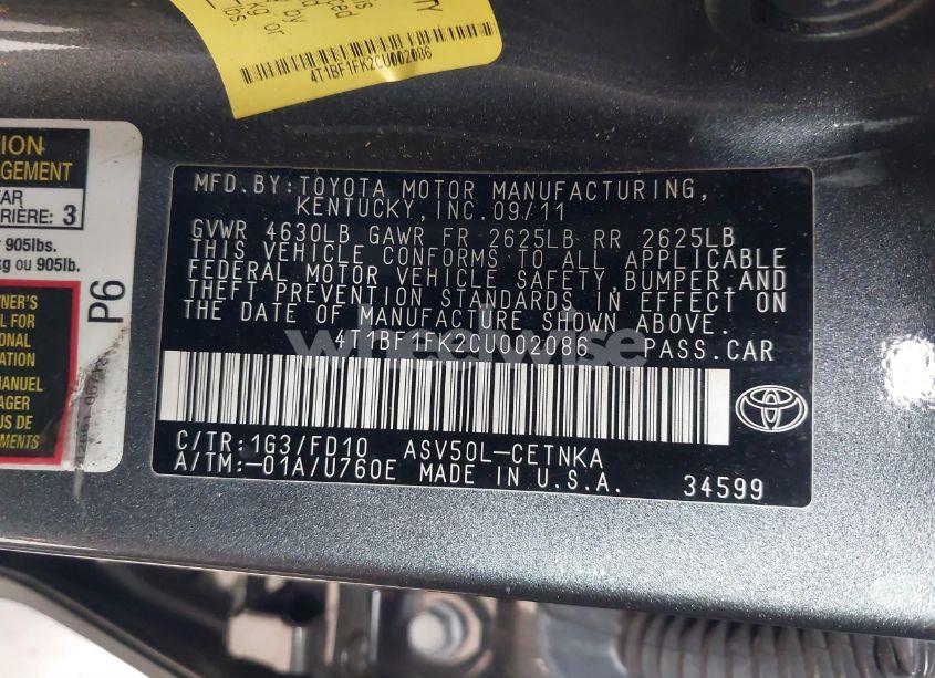 Photo 9 of 2012 Toyota Camry LE (VIN 4T1BF1FK2CU002086)