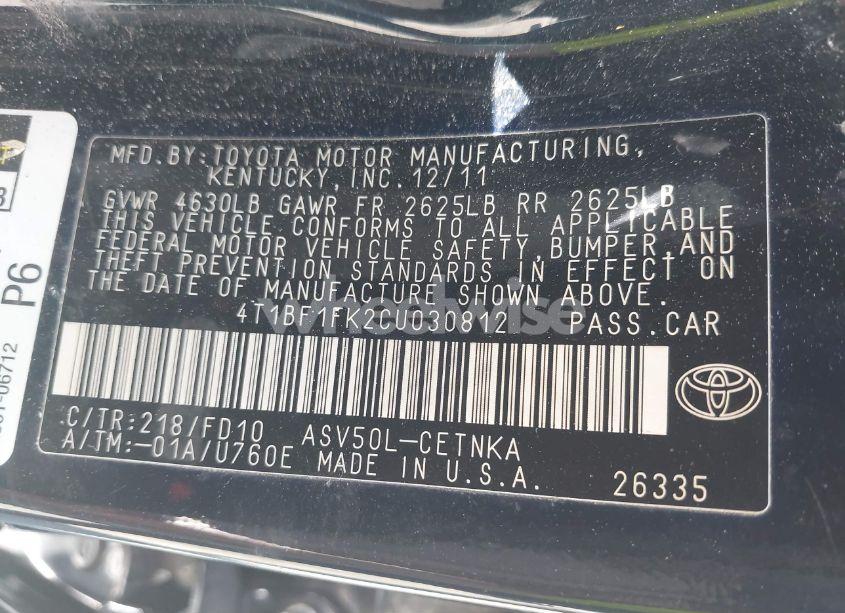 Photo 9 of 2012 Toyota Camry LE (VIN 4T1BF1FK2CU030812)