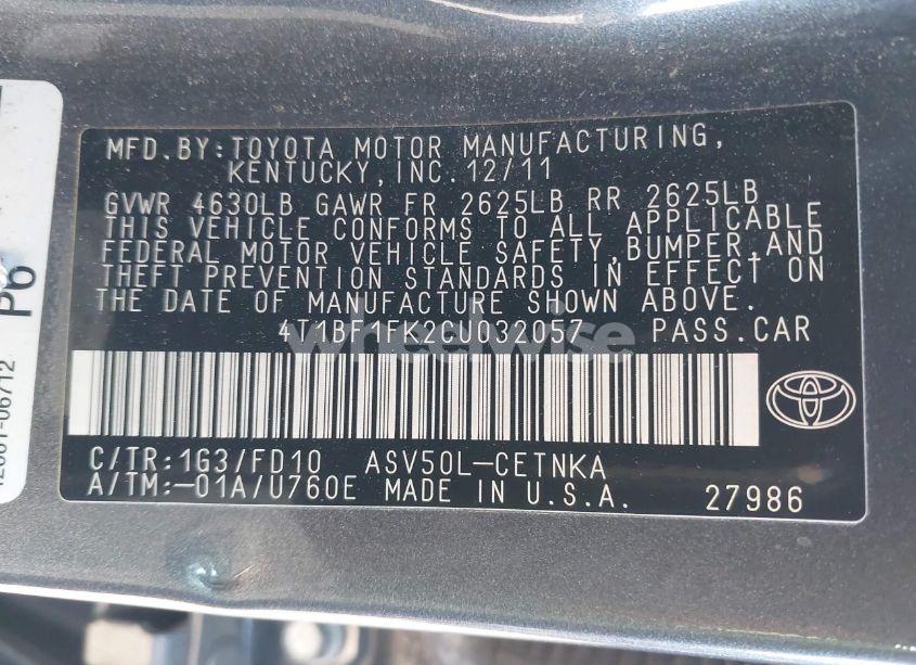 Photo 9 of 2012 Toyota Camry LE (VIN 4T1BF1FK2CU032057)