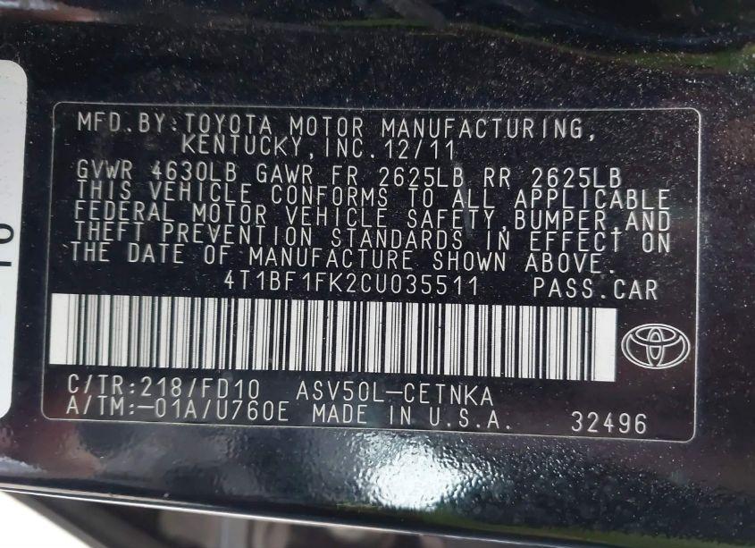 Photo 9 of 2012 Toyota Camry LE (VIN 4T1BF1FK2CU035511)