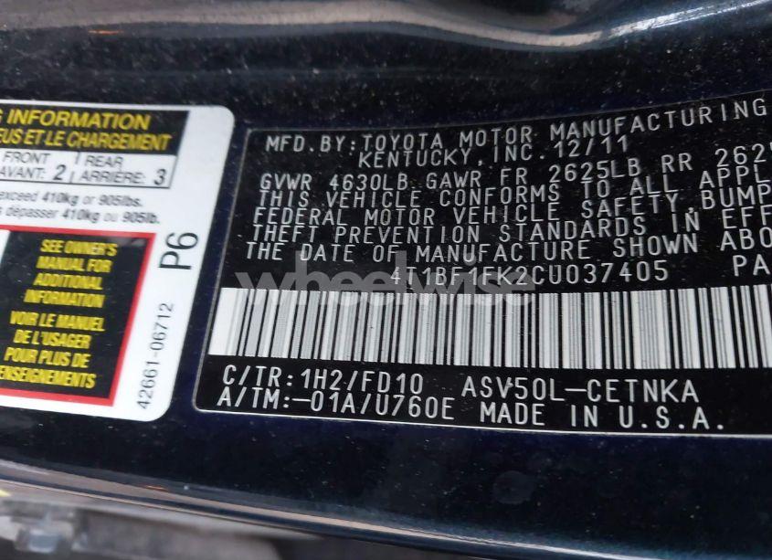 Photo 9 of 2012 Toyota Camry LE (VIN 4T1BF1FK2CU037405)