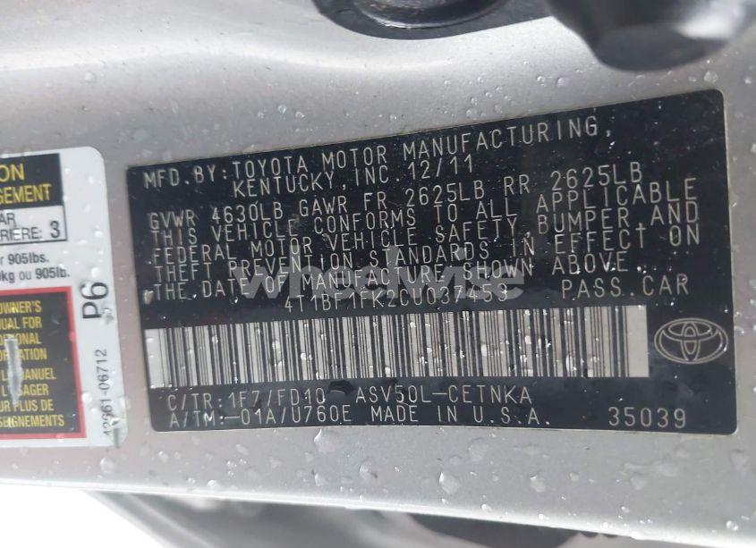 Photo 9 of 2012 Toyota Camry LE (VIN 4T1BF1FK2CU037453)