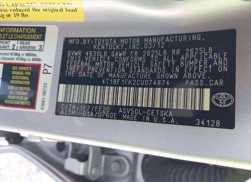 Photo 9 of 2012 Toyota Camry SE (VIN 4T1BF1FK2CU074874)