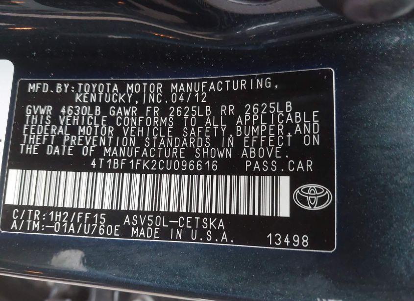 Photo 9 of 2012 Toyota Camry SE (VIN 4T1BF1FK2CU096616)
