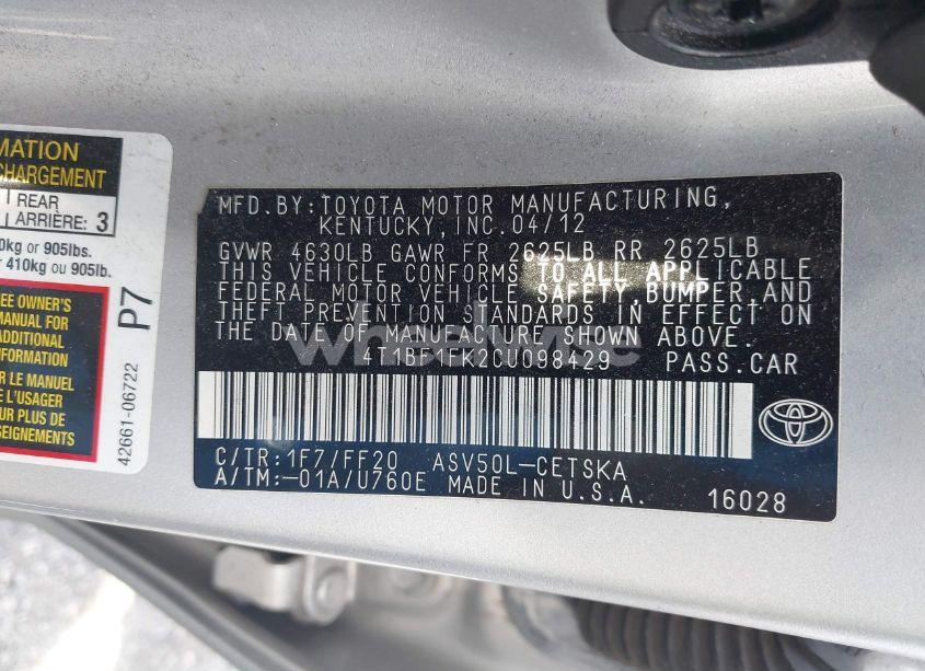 Photo 9 of 2012 Toyota Camry SE (VIN 4T1BF1FK2CU098429)