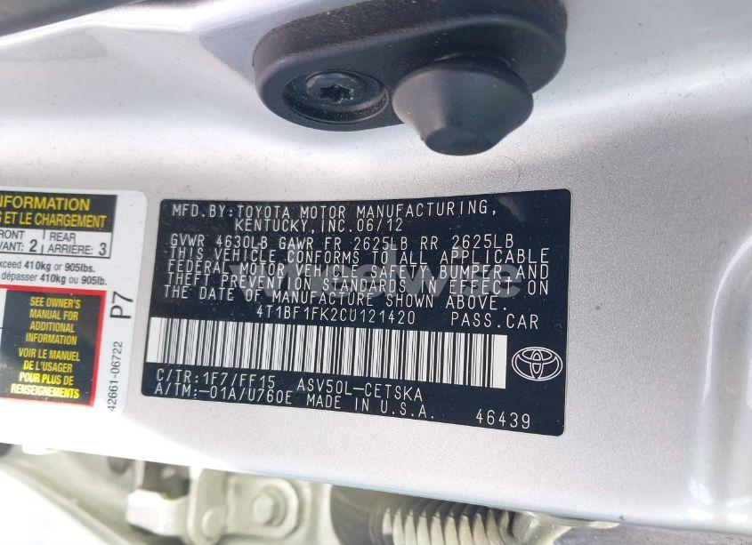 Photo 9 of 2012 Toyota Camry SE (VIN 4T1BF1FK2CU121420)