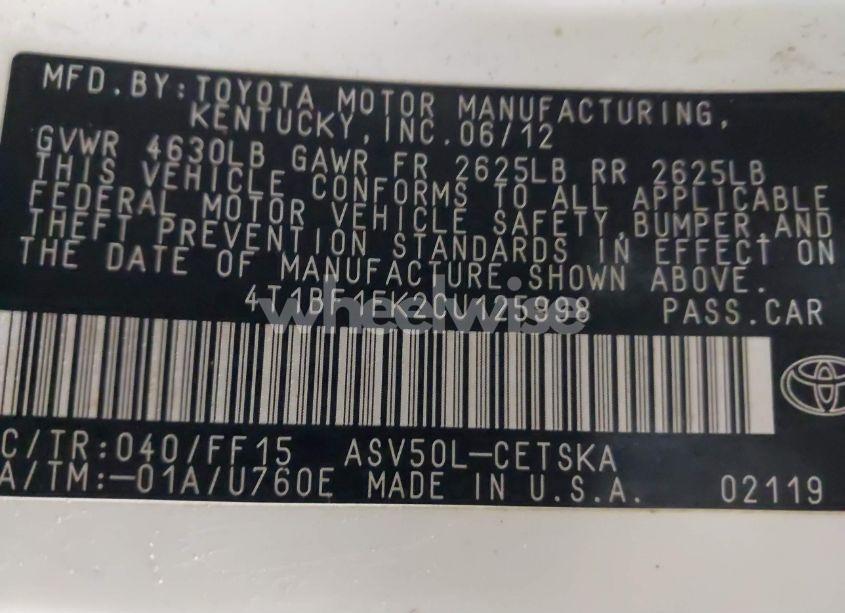 Photo 9 of 2012 Toyota Camry SE (VIN 4T1BF1FK2CU125998)