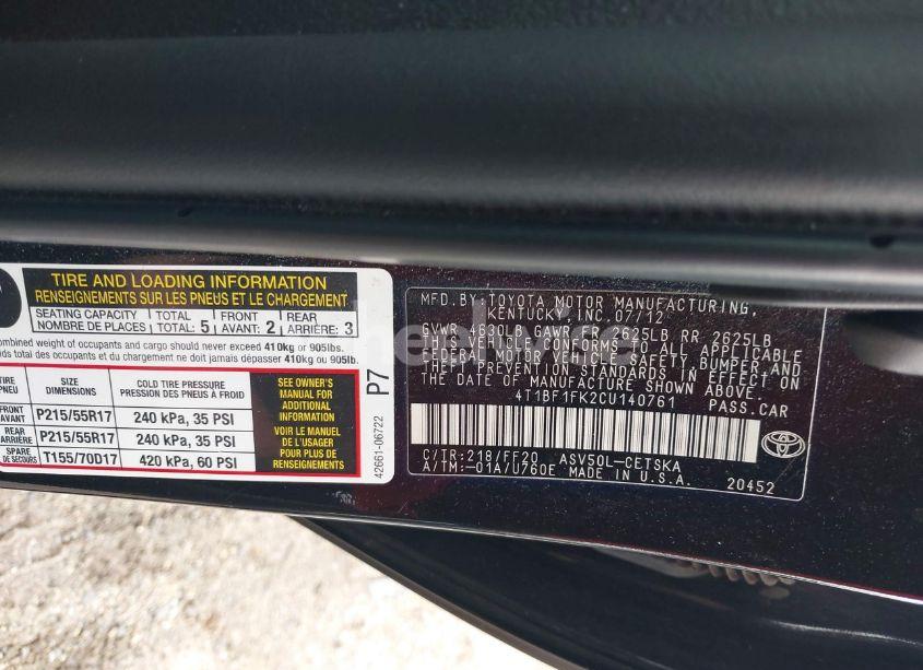 Photo 9 of 2012 Toyota Camry SE (VIN 4T1BF1FK2CU140761)