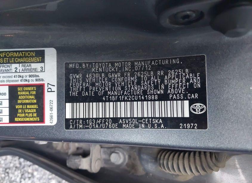 Photo 9 of 2012 Toyota Camry SE (VIN 4T1BF1FK2CU141988)