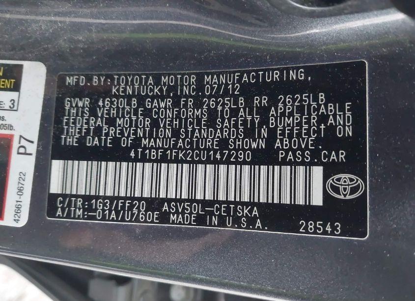 Photo 9 of 2012 Toyota Camry SE (VIN 4T1BF1FK2CU147290)