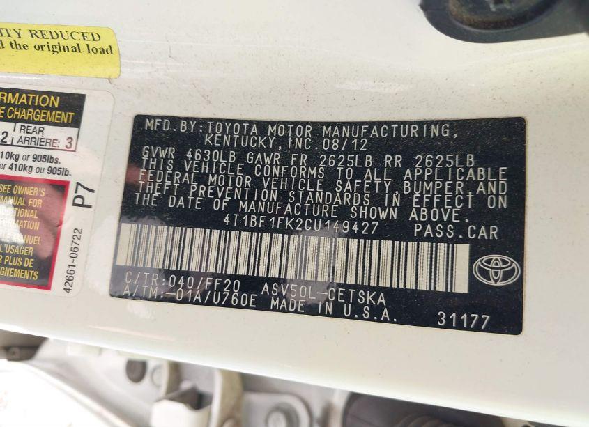 Photo 9 of 2012 Toyota Camry SE (VIN 4T1BF1FK2CU149427)