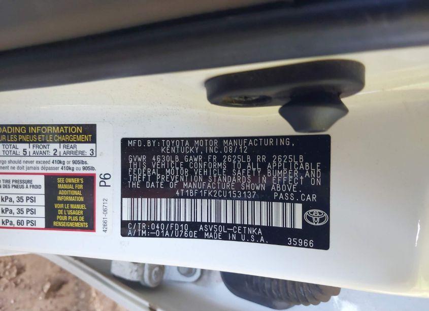 Photo 9 of 2012 Toyota Camry LE (VIN 4T1BF1FK2CU153137)